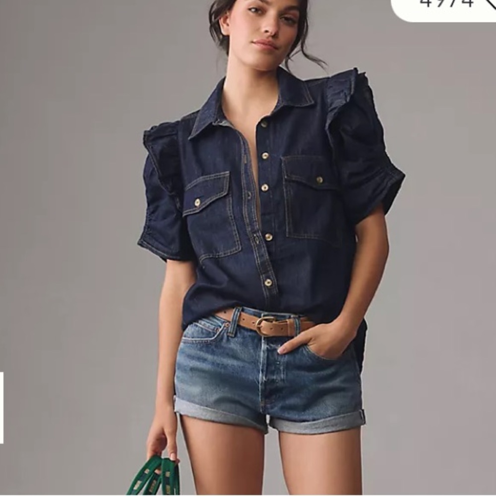 Anthropologie The Ozzi Ruffle-Sleeve Buttondown Shirt by Pilcro Size S - Picture 7 of 11